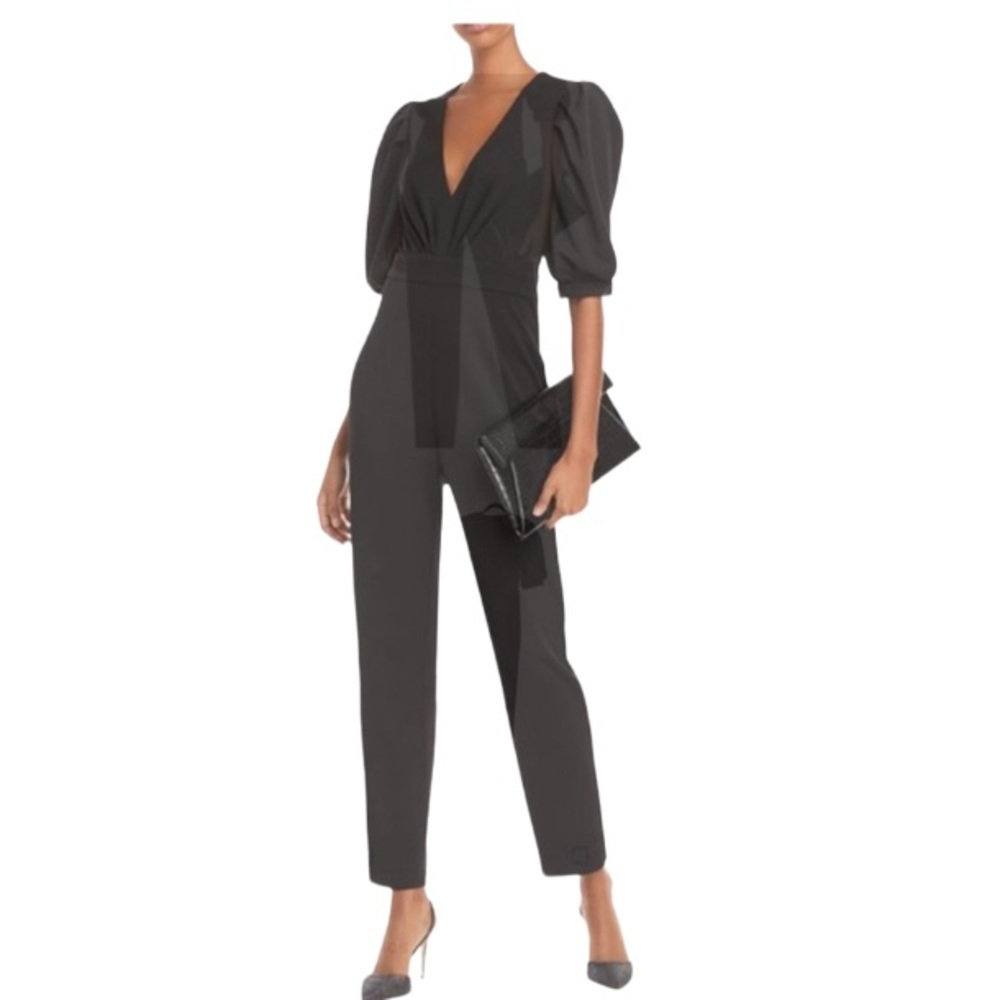 Aqua black vneck puff sleeve jumpsuit size small